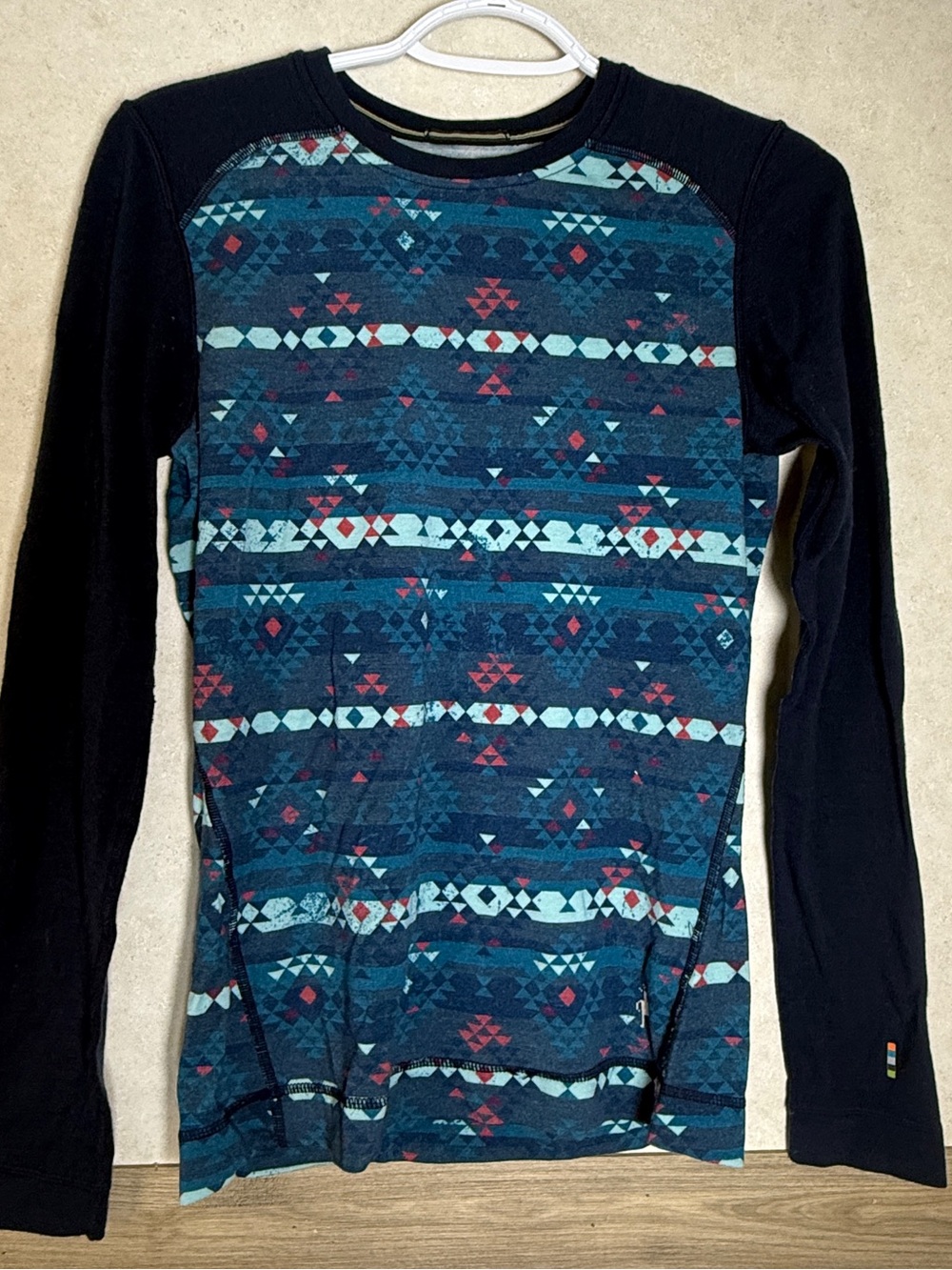 Smartwool Women's Navy Aztec-Pattern Crewneck Sweatshirt with Black Sleeves